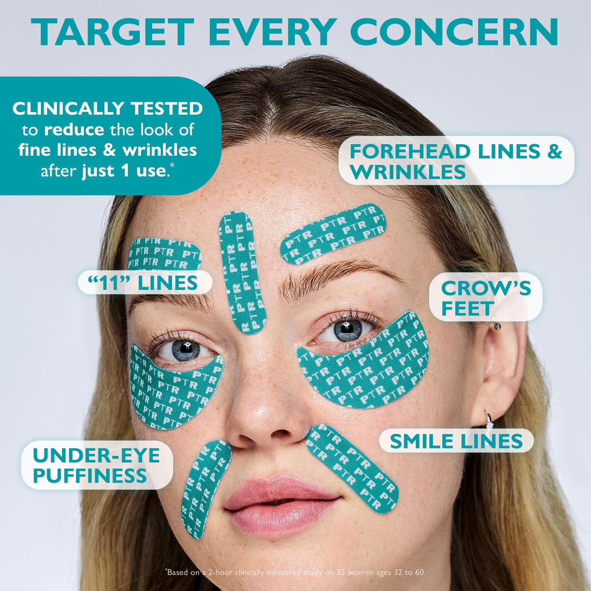 Peter Thomas Roth wing tape under eye showing reduced creasing benefit