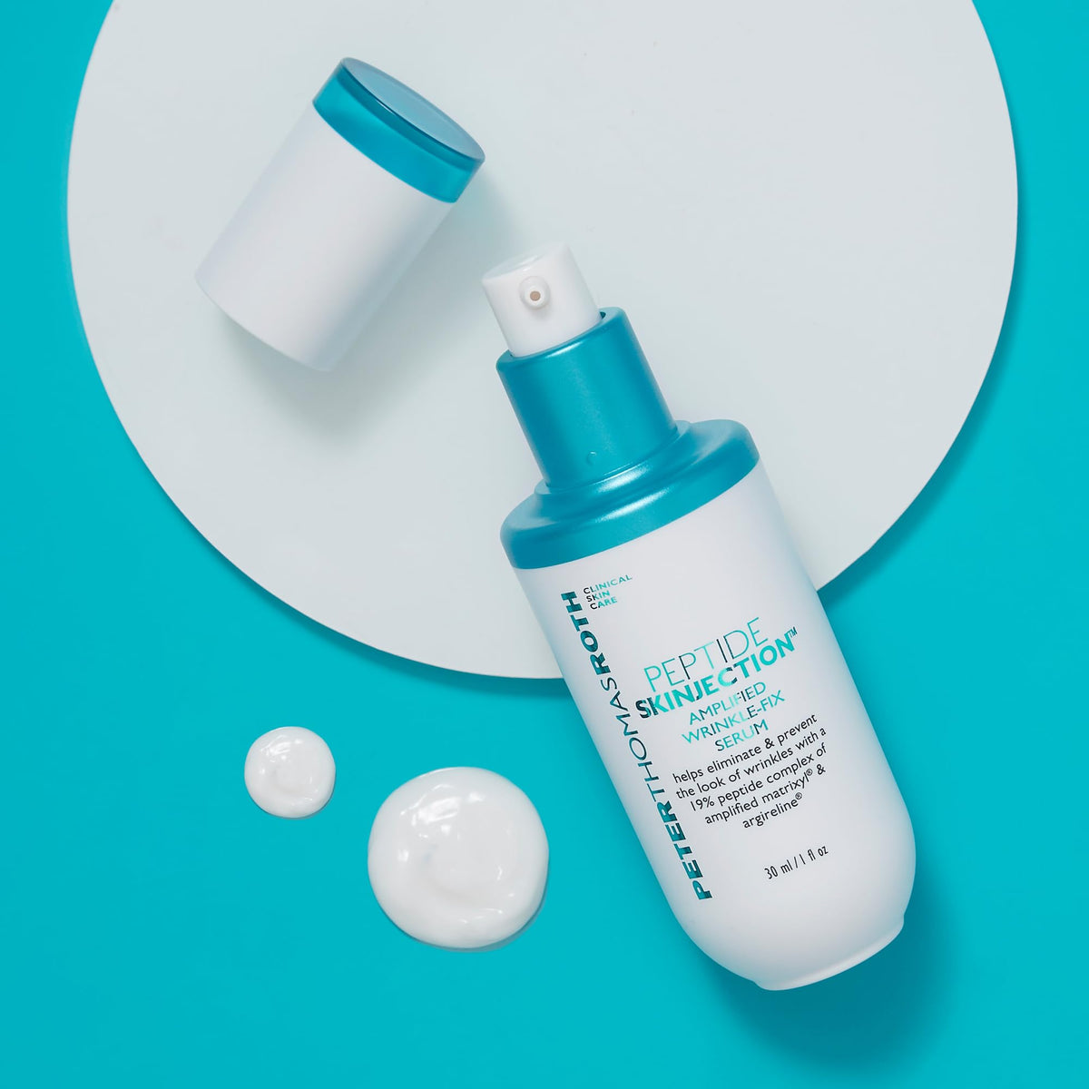 Peter Thomas Roth refill pod beside dispenser illustrating eco-friendly refillability