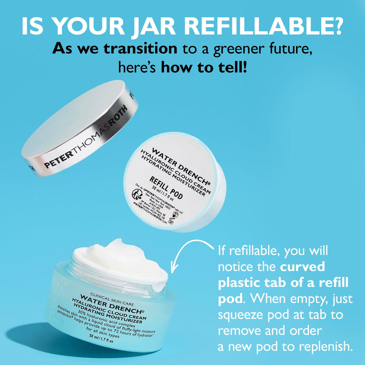 Peter Thomas Roth refill pod beside original jar showing sustainable refill benefit