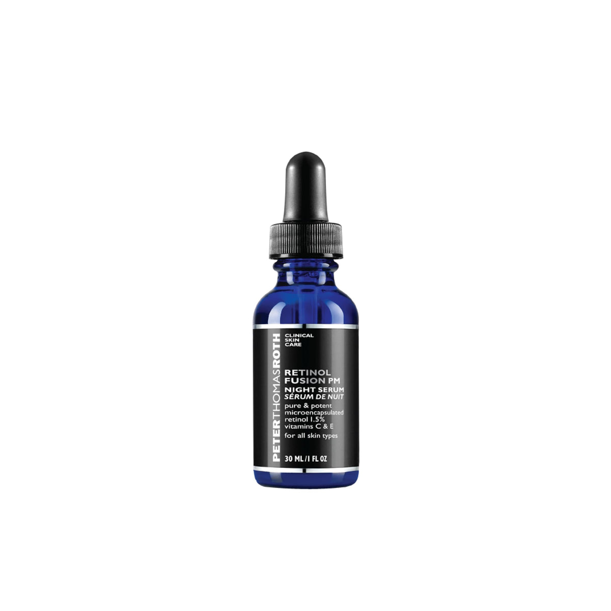 Peter Thomas Roth front packaging shot showing bottle and label with clinical styling benefit: clear product identity