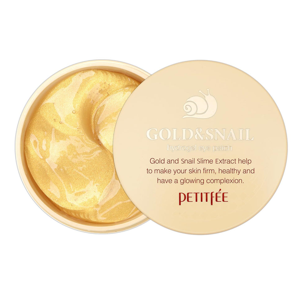 Petitfee front packaging showing 60 hydrogel gold snail patches and product benefit