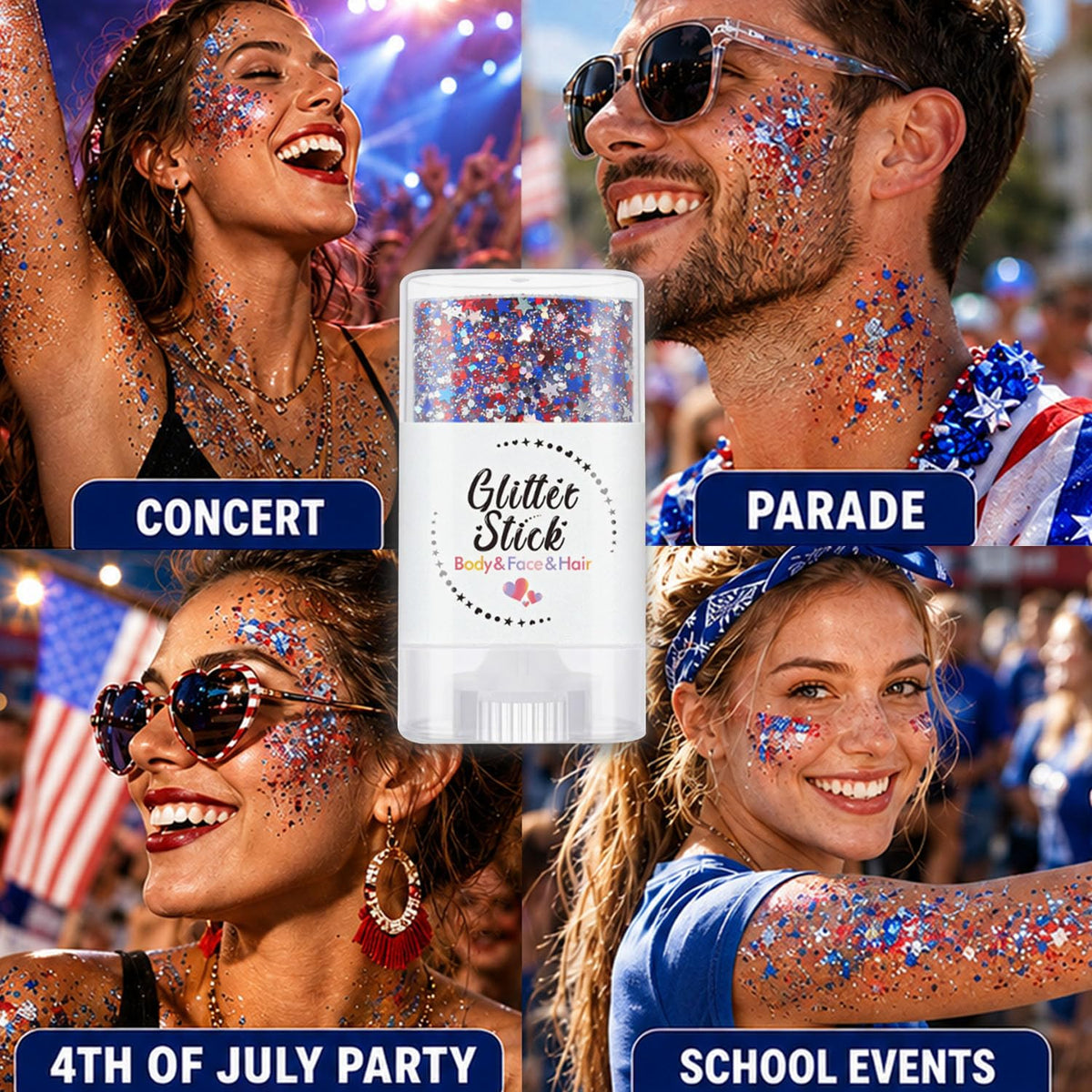 Petramrs applied on cheek showing vibrant red white blue shimmer for festive photos