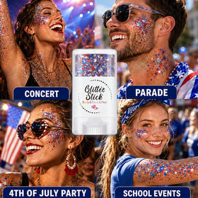Petramrs applied on cheek showing vibrant red white blue shimmer for festive photos