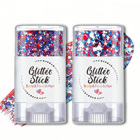 Petramrs front packaging showing two red white blue glitter sticks for easy patriotic styling