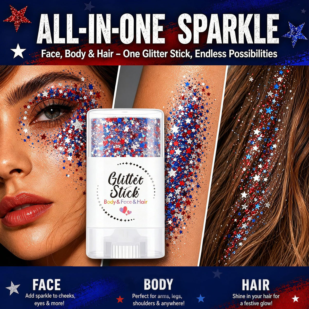 Petramrs glitter used as hairline streaks to add patriotic highlights and durable shine