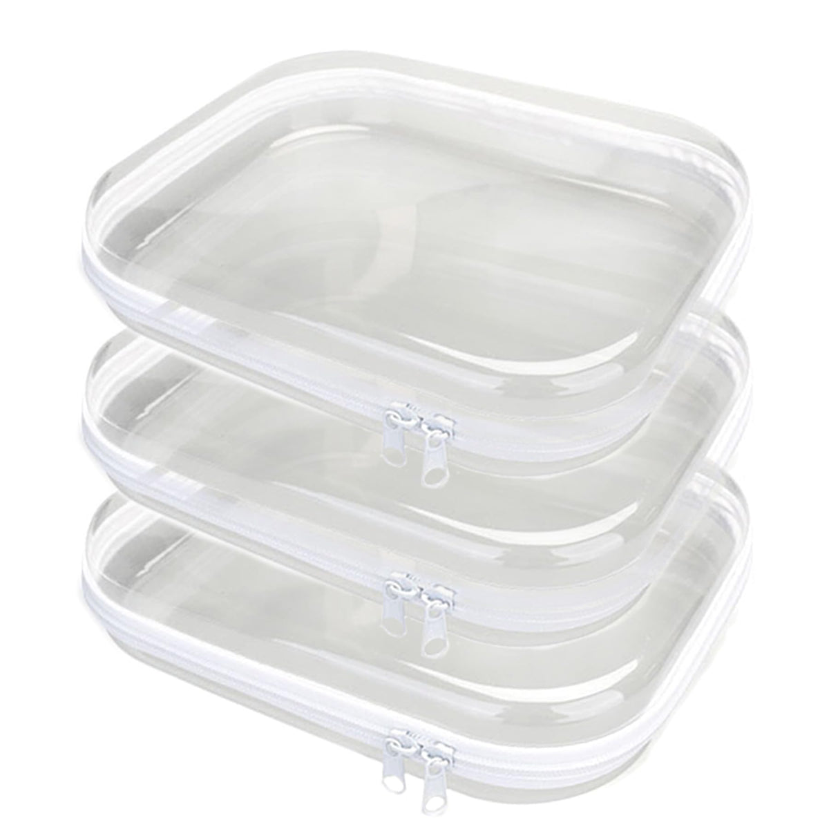 PGAXM front view of three clear hard zipper pouches showing sizes and shape, easy organization