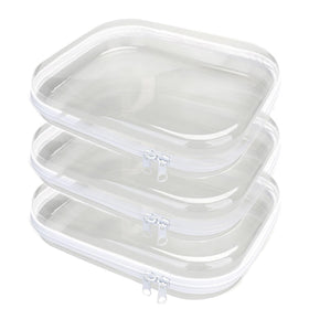 PGAXM front view of three clear hard zipper pouches showing sizes and shape, easy organization