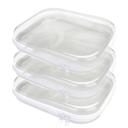 PGAXM front view of three clear hard zipper pouches showing sizes and shape, easy organization