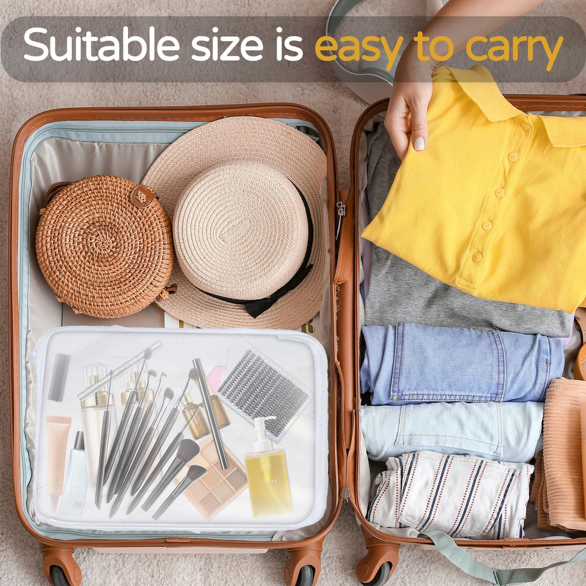 PGAXM pouches in travel setting on suitcase showing versatile on-the-go organization benefit