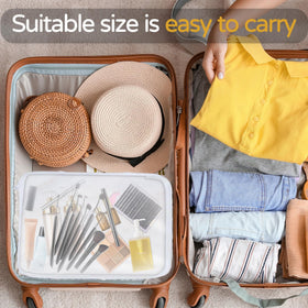PGAXM pouches in travel setting on suitcase showing versatile on-the-go organization benefit