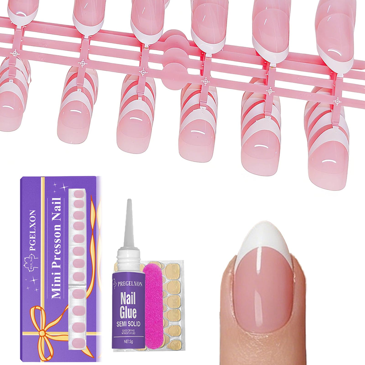PGELXON front packaging showing 120-piece kids French tip kit and benefits