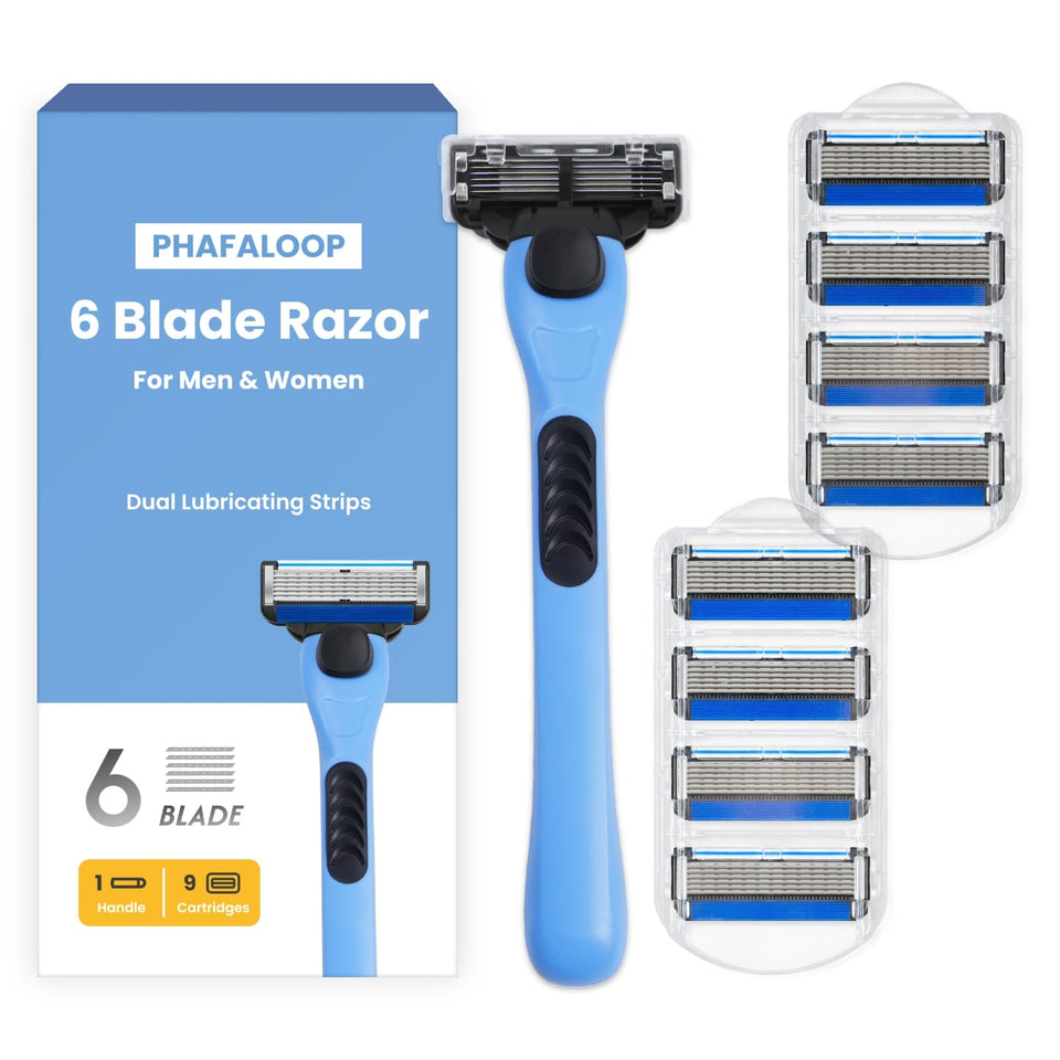 Phafaloop front view of handle and nine refill cartridges showing kit convenience