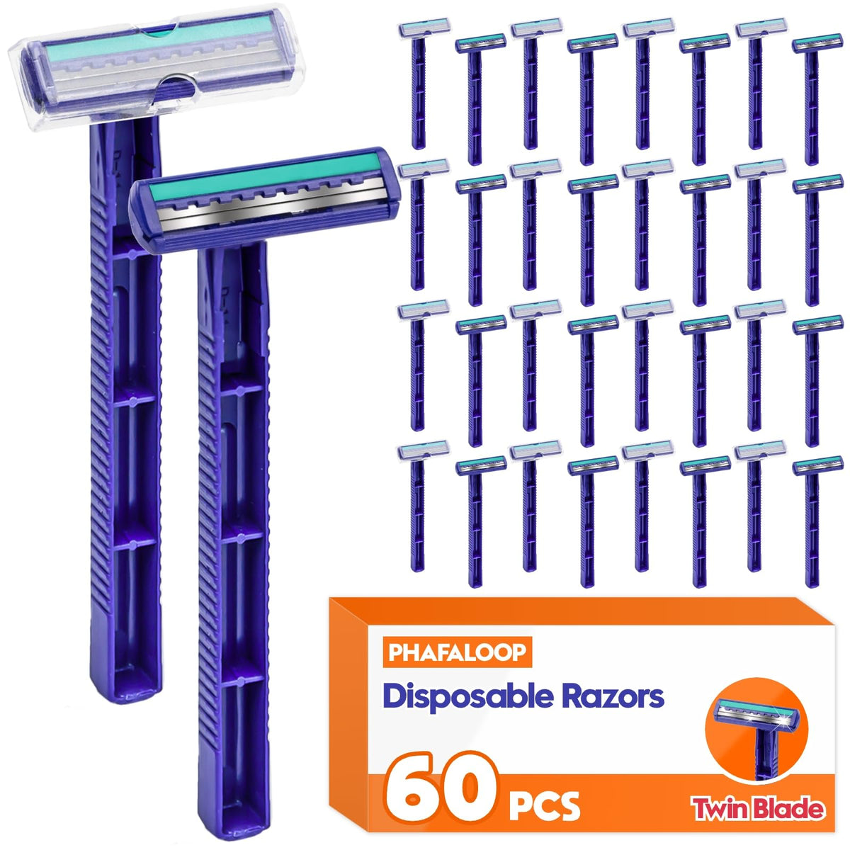 Phafaloop front packaging showing 60-count blue razors and bulk value