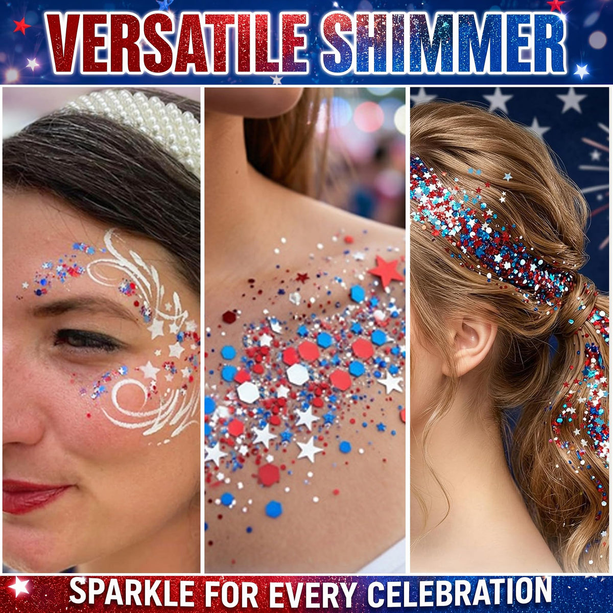 Phanund hair highlight with glitter streak adds long-lasting patriotic shimmer