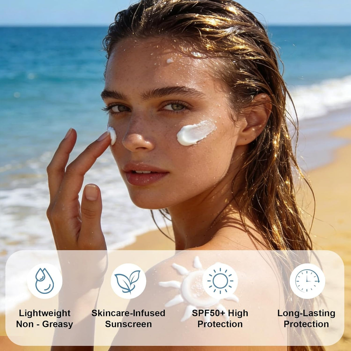 Phanund hands applying sunscreen on face for lightweight non-greasy finish