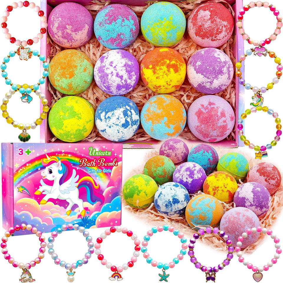 Phaorui unicorn bath bombs front packaging showing colorful box and contents, fun gifting