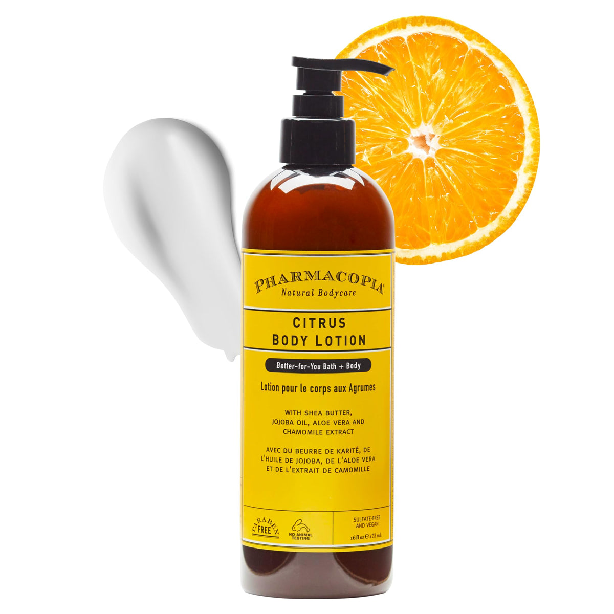 Pharmacopia front packaging showing 16 oz bottle and citrus-themed label for clarity