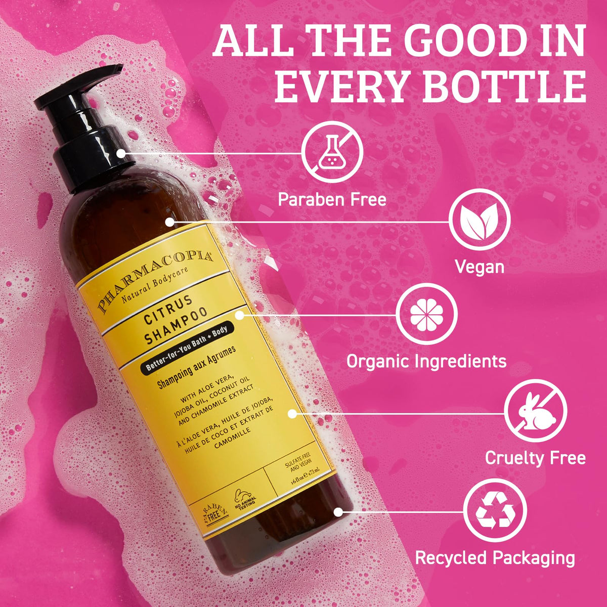 Pharmacopia shampoo pouring onto hand demonstrating lather and ease