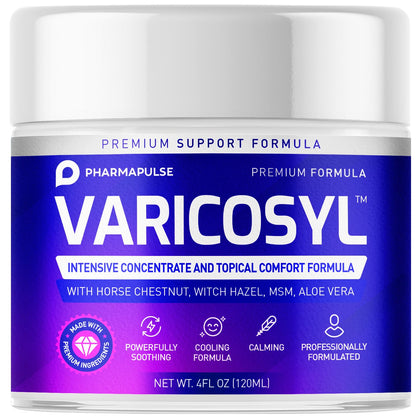 Pharmapulse Varicosyl front jar showing label and 4oz size for convenient use