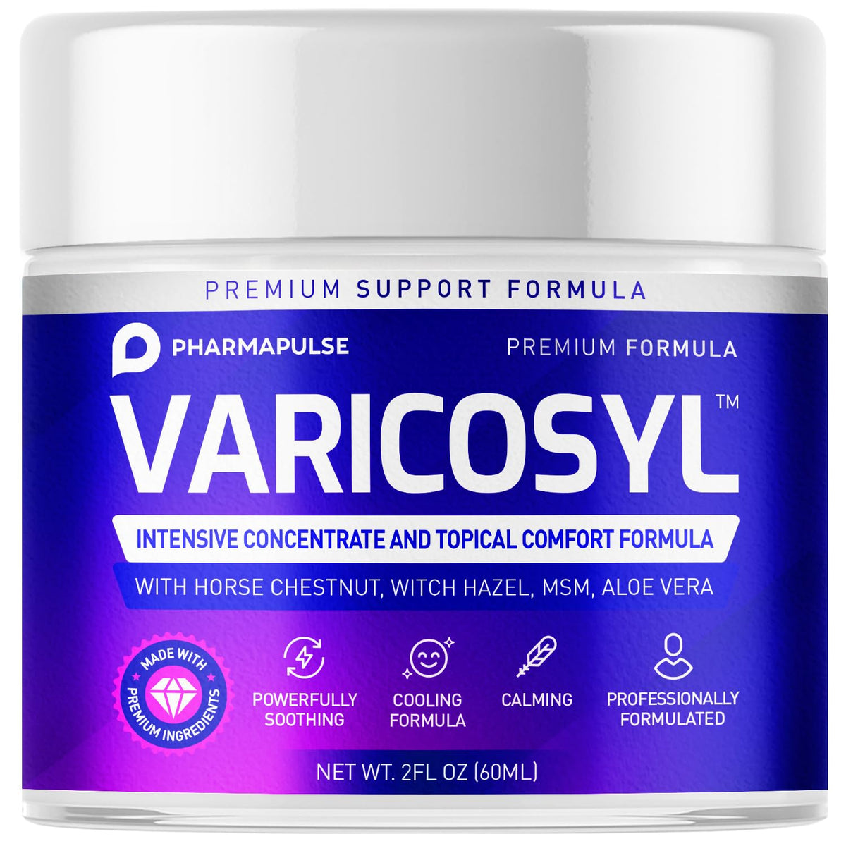 Pharmapulse Varicosyl front packaging showing 2oz jar and label benefits