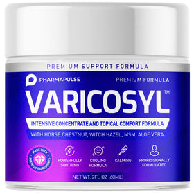 Pharmapulse Varicosyl front packaging showing 2oz jar and label benefits