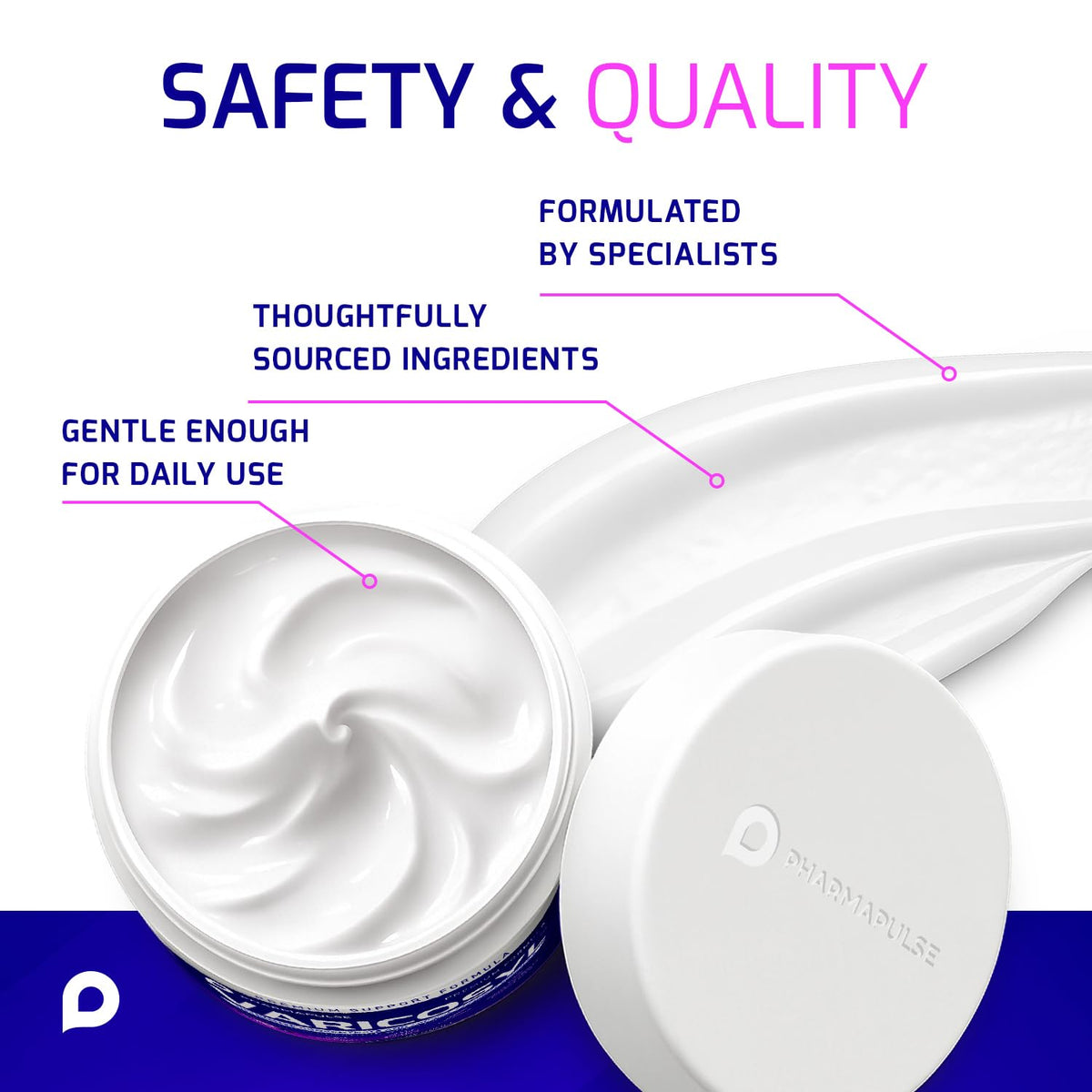 Pharmapulse Varicosyl 4oz jar next to travel bag showing portable convenience