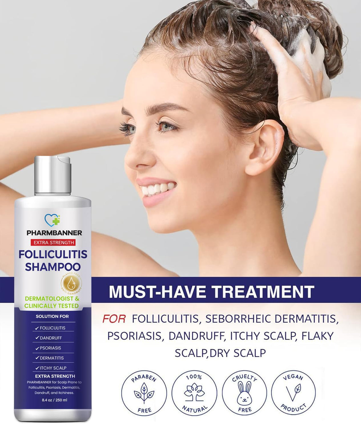 PHARMBANNER bottle on bathroom shelf suggesting routine scalp care