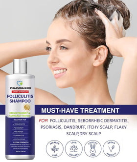 PHARMBANNER bottle on bathroom shelf suggesting routine scalp care