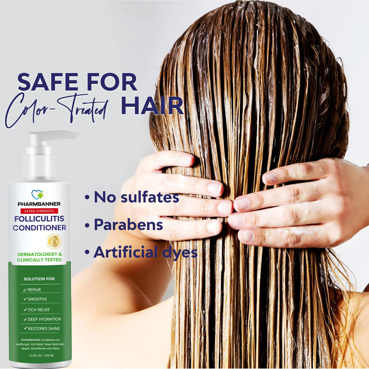 PHARMBANNER tea tree leaf next to bottle highlighting scalp-soothing action