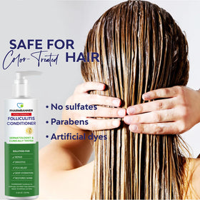 PHARMBANNER tea tree leaf next to bottle highlighting scalp-soothing action