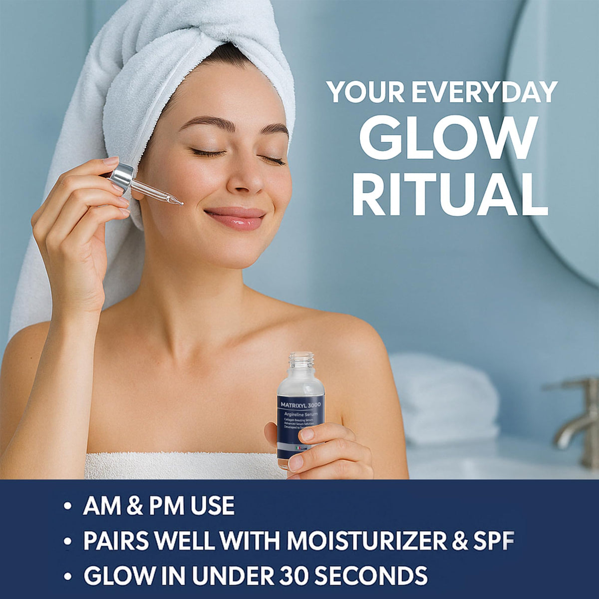 Pharmlitalia serum applied to face demonstrating easy absorption and smoothing