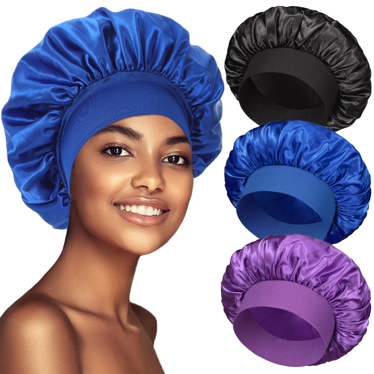 PHILIGHTS front view of three-pack satin bonnets, protective nighttime styling