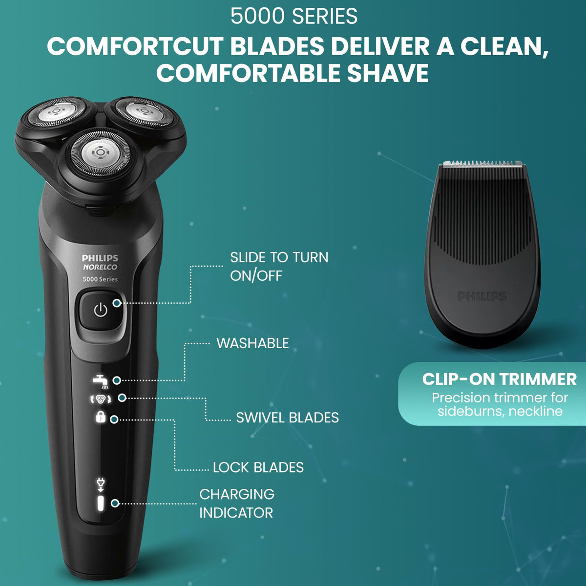 PHILIPS shaver held in hand to show size and cordless convenience benefit
