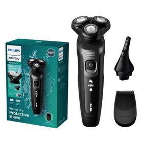 PHILIPS AquaTouch front view showing ergonomic handle and power button, easy grip benefit