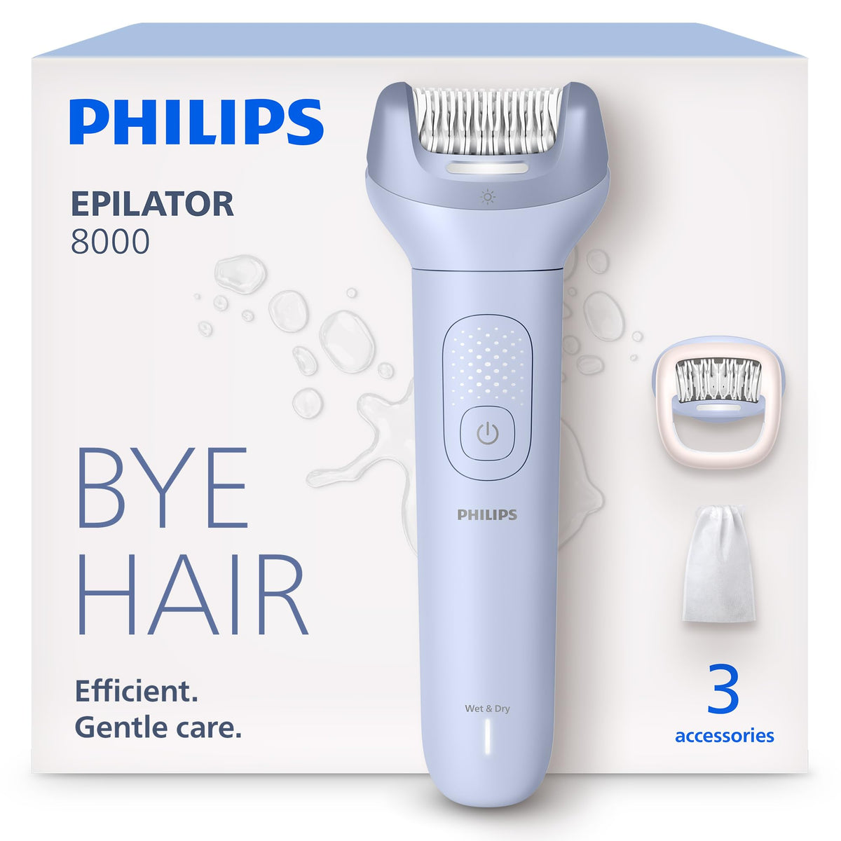 PHILIPS epilator front view showing head and matte finish, clear efficient design