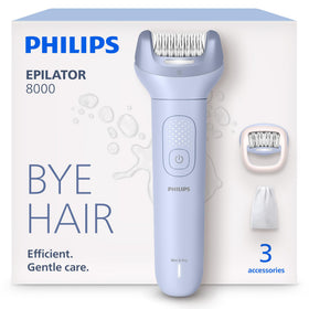 PHILIPS epilator front view showing head and matte finish, clear efficient design