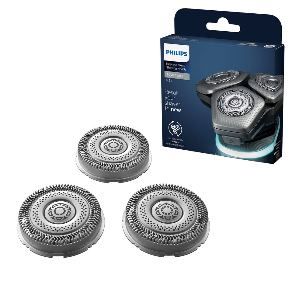PHILIPS front view of replacement shaver heads showing packaging and fit benefits