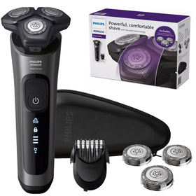 PHILIPS front view of shaver showing sleek design and quick cleaning benefit
