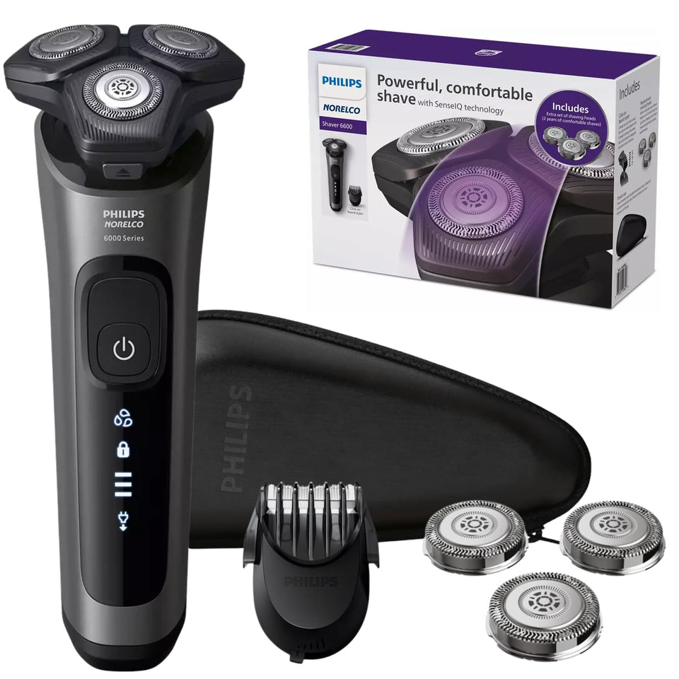PHILIPS front view of shaver showing sleek design and quick cleaning benefit