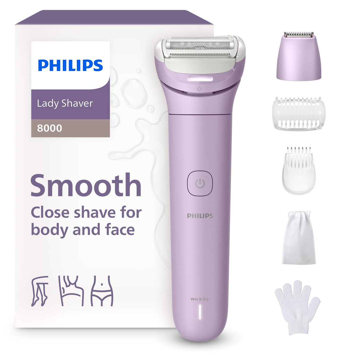 Philips lady shaver front view showing whole device and benefits of full‑body grooming