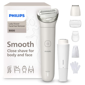 Philips lady shaver front view showing ergonomic design and all-in-one benefit