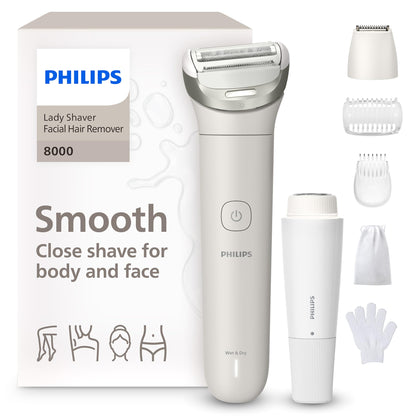 Philips lady shaver front view showing ergonomic design and all-in-one benefit