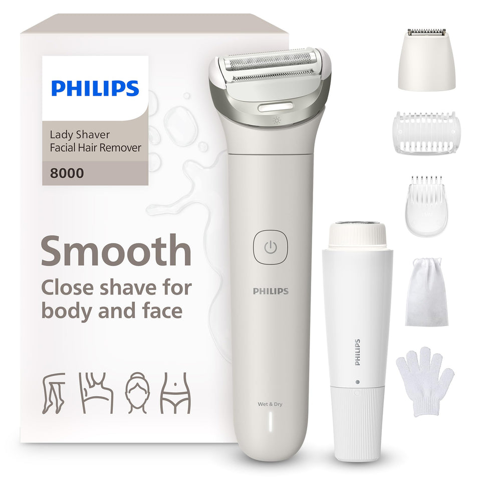 Philips lady shaver front view showing ergonomic design and all-in-one benefit
