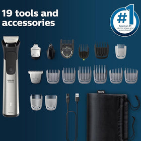 Philips Multigroom laid out with 24 attachments showing kit versatility