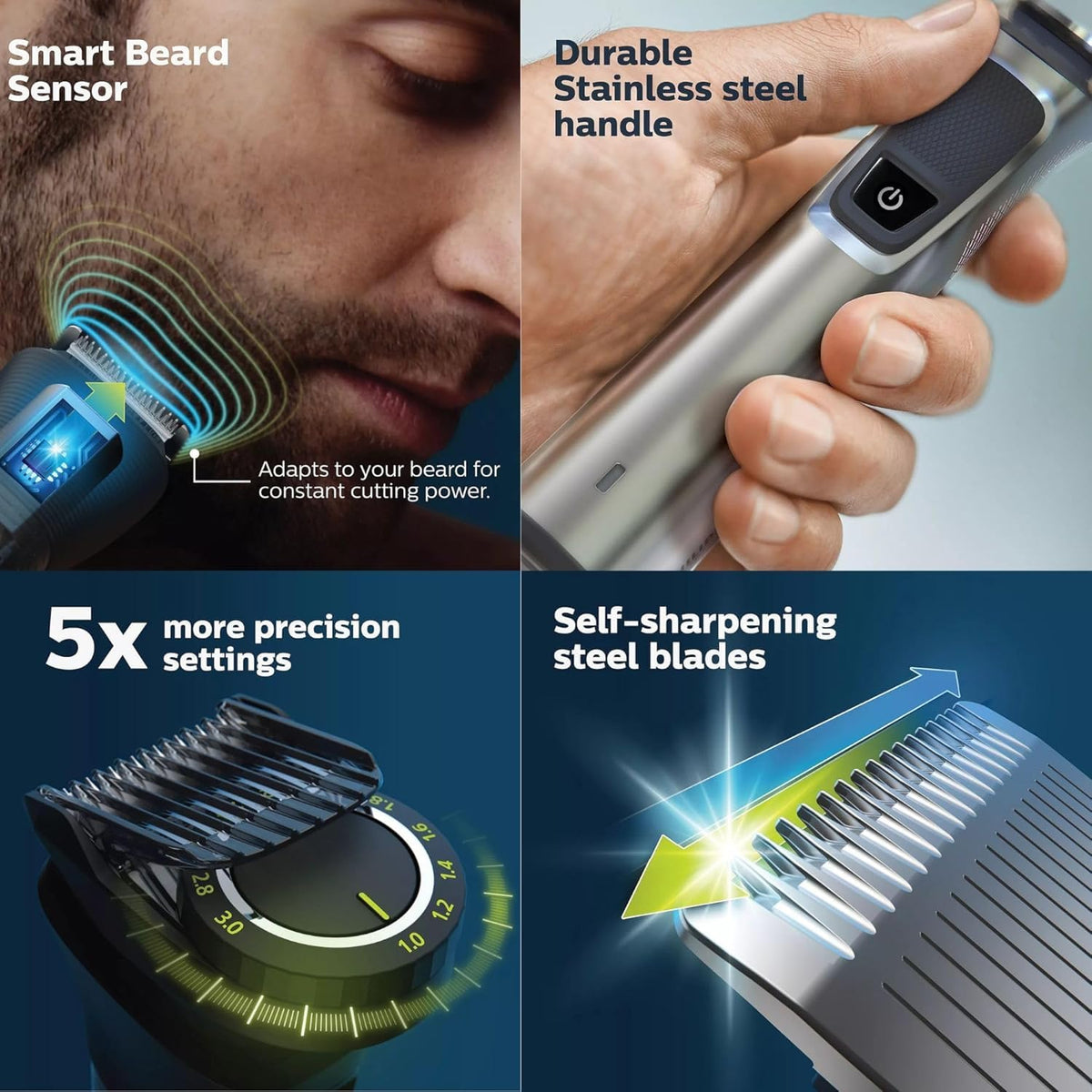 Philips Multigroom blade closeup highlighting self‑sharpening steel for sharpness