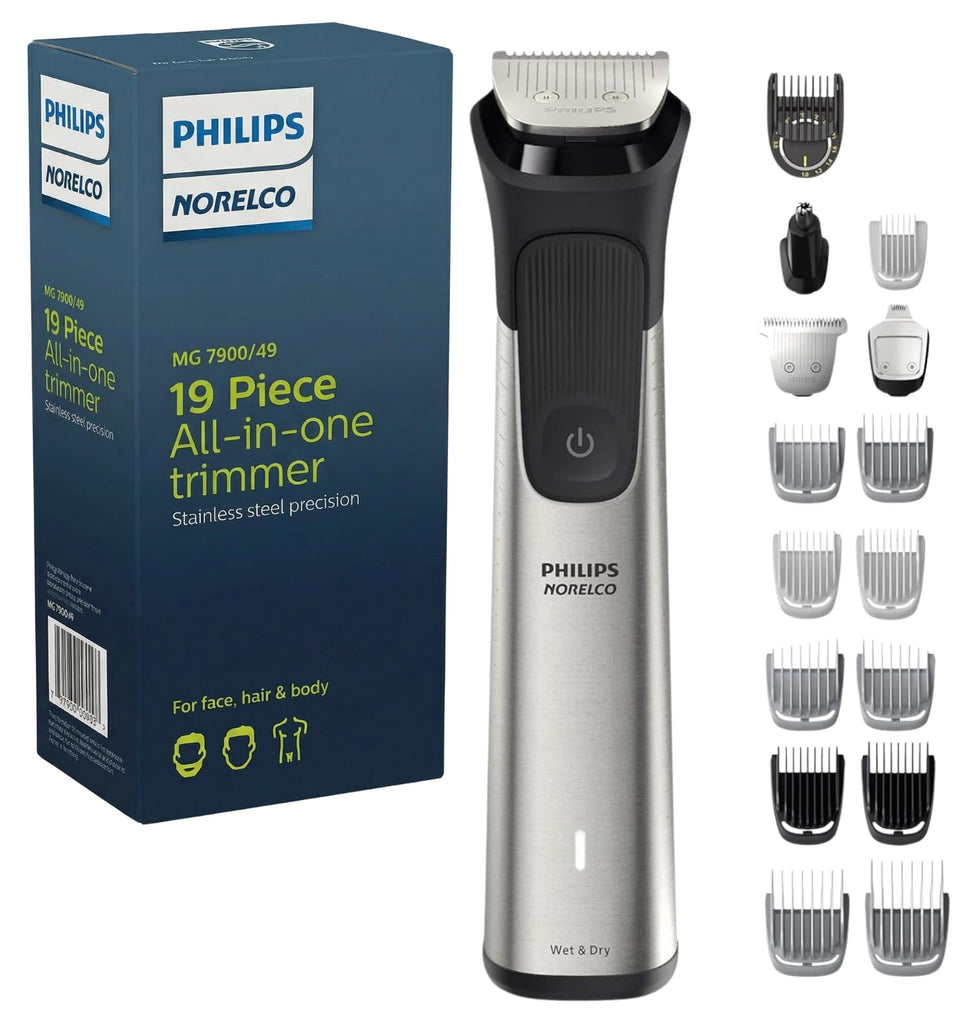 Philips Multigroom front view showing full trimmer and ergonomic grip for control