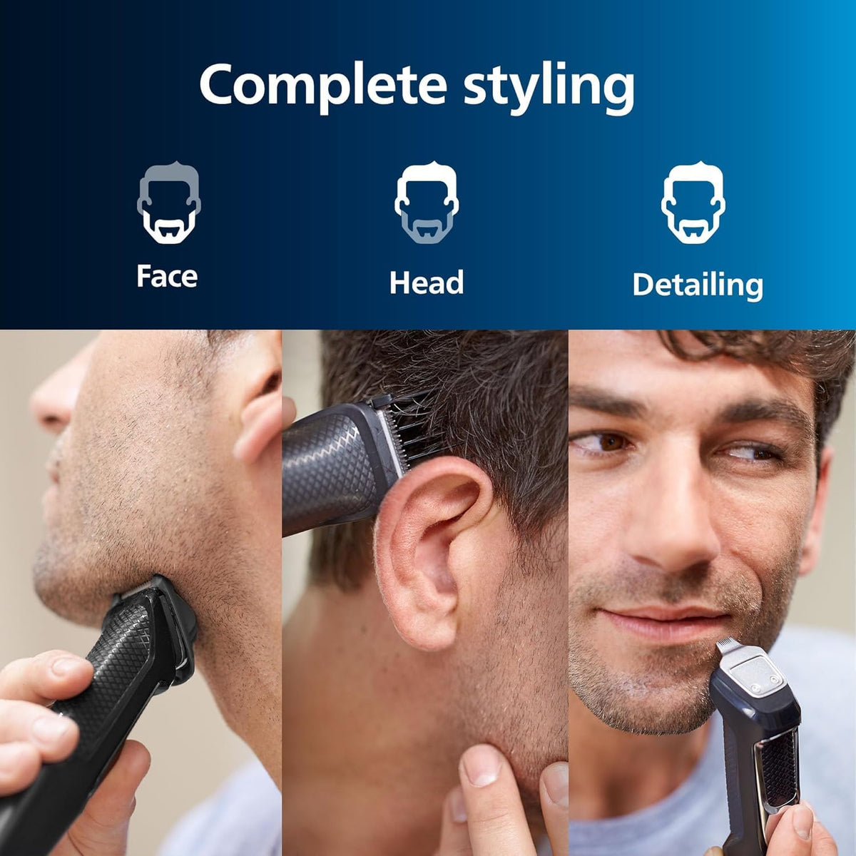 PHILIPS Multigroom MG3740 close-up of self-sharpening steel blades for long-lasting edges