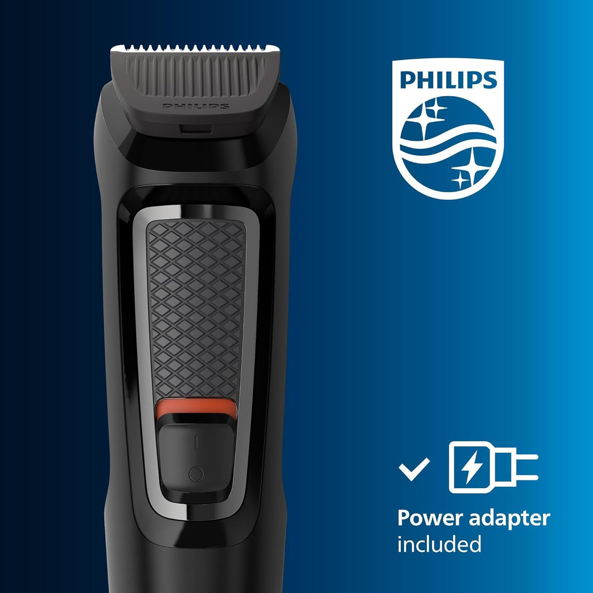 PHILIPS Multigroom MG3740 placed on bathroom counter in lifestyle grooming scene