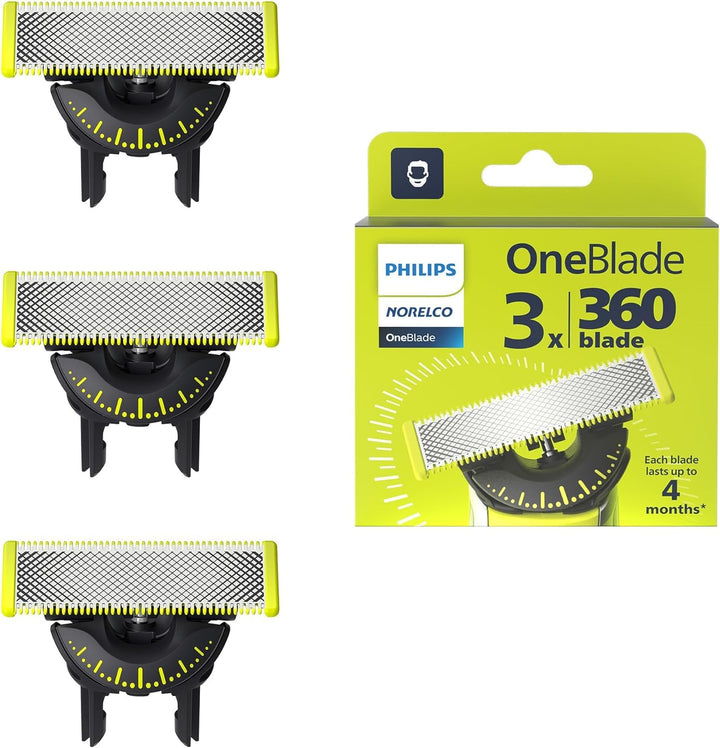 PHILIPS OneBlade 360 flex blade front pack showing three cartridges and easy replacement benefit