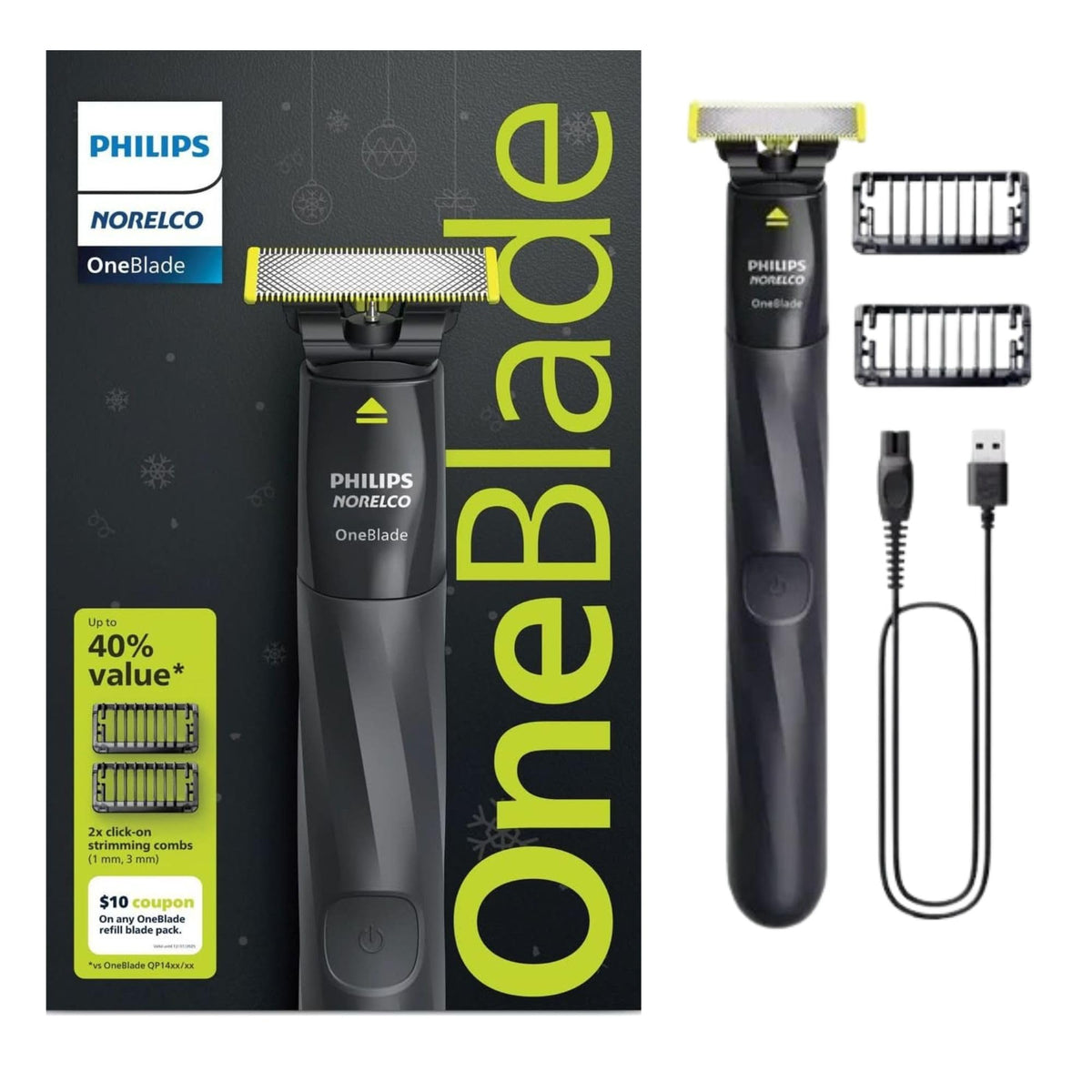 PHILIPS OneBlade dual-sided blade closeup highlighting precise edging benefit